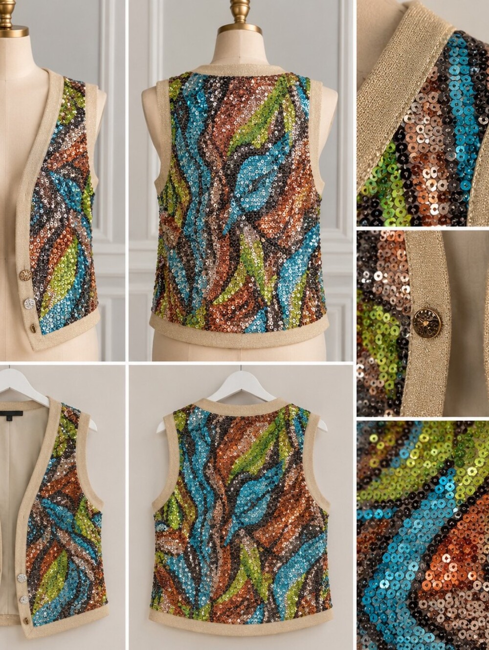 Sequin Leaf-Print Sleeveless Vest — Multicolor